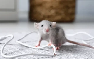 A Small, Light Gray Rat Standing on Top of a Chewed Electronics Cable on the Floor. Rodent prevention Is an Important Part of Rodent Extermination and Control.