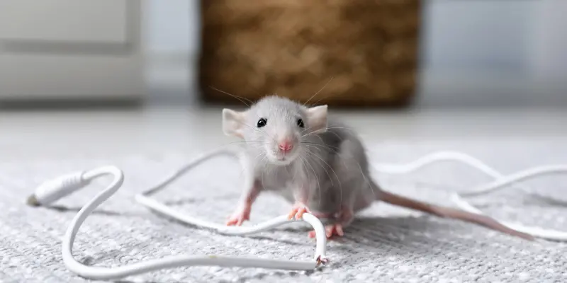 A Small, Light Gray Rat Standing on Top of a Chewed Electronics Cable on the Floor. Rodent prevention Is an Important Part of Rodent Extermination and Control.